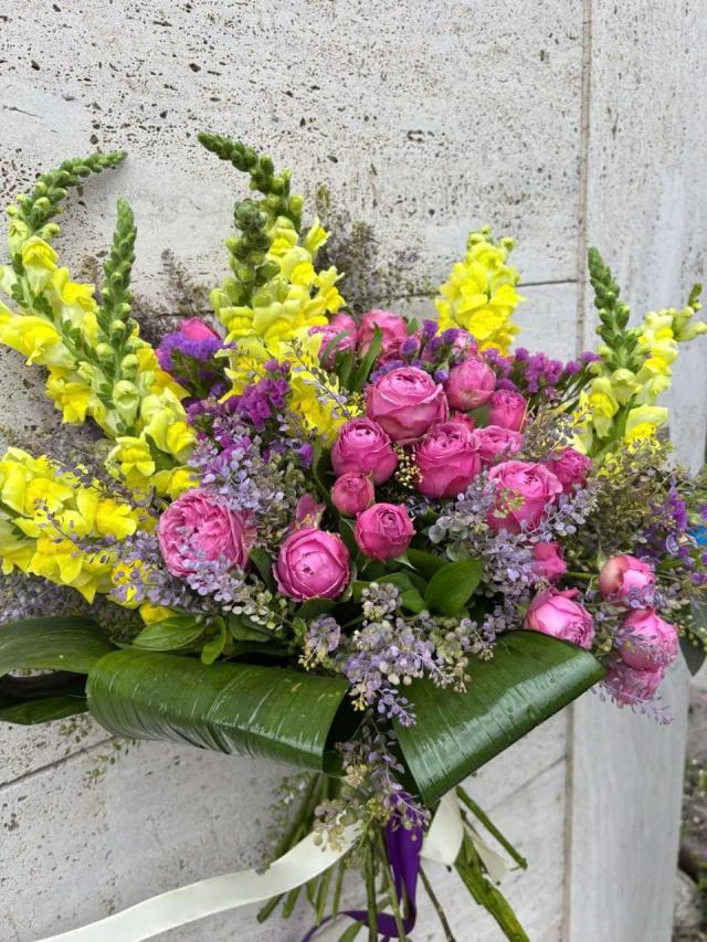 Asymmetric bouquet with peonies (21 pcs) and lupine (6 sprigs) - 68x50 cm, luxury gift | ծաղիկների առաքում Երևանում